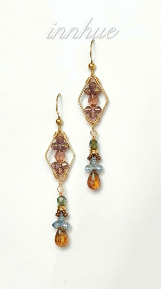 Geometric Mosaic - Wire-Wrapped Czech Glass Drop Earrings