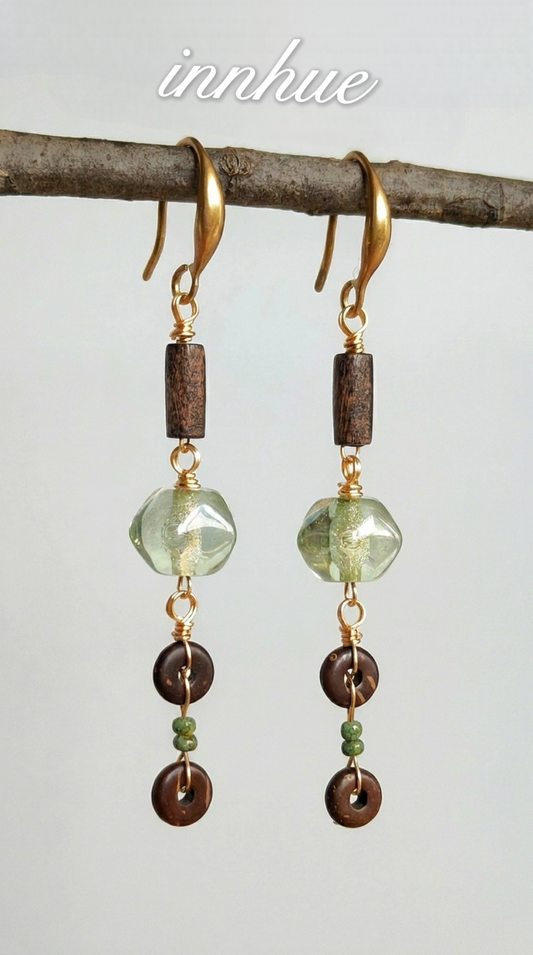 Forest Song Earrings - Green Agate & Wood Grain