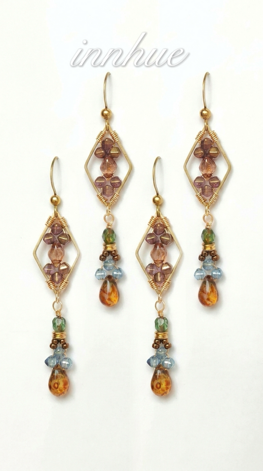 Geometric Mosaic - Wire-Wrapped Czech Glass Drop Earrings