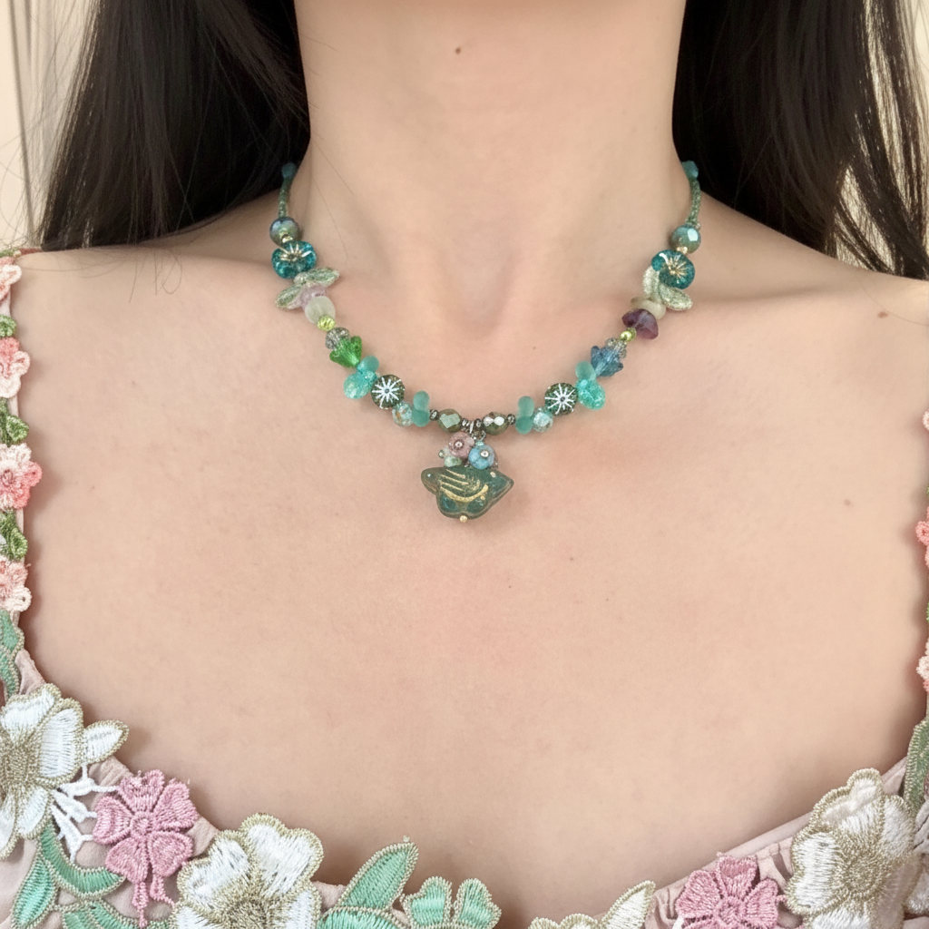 Garden in a Bottle necklace worn — close-up of Czech glass beaded necklace with teal bee pendant on model's collarbone
